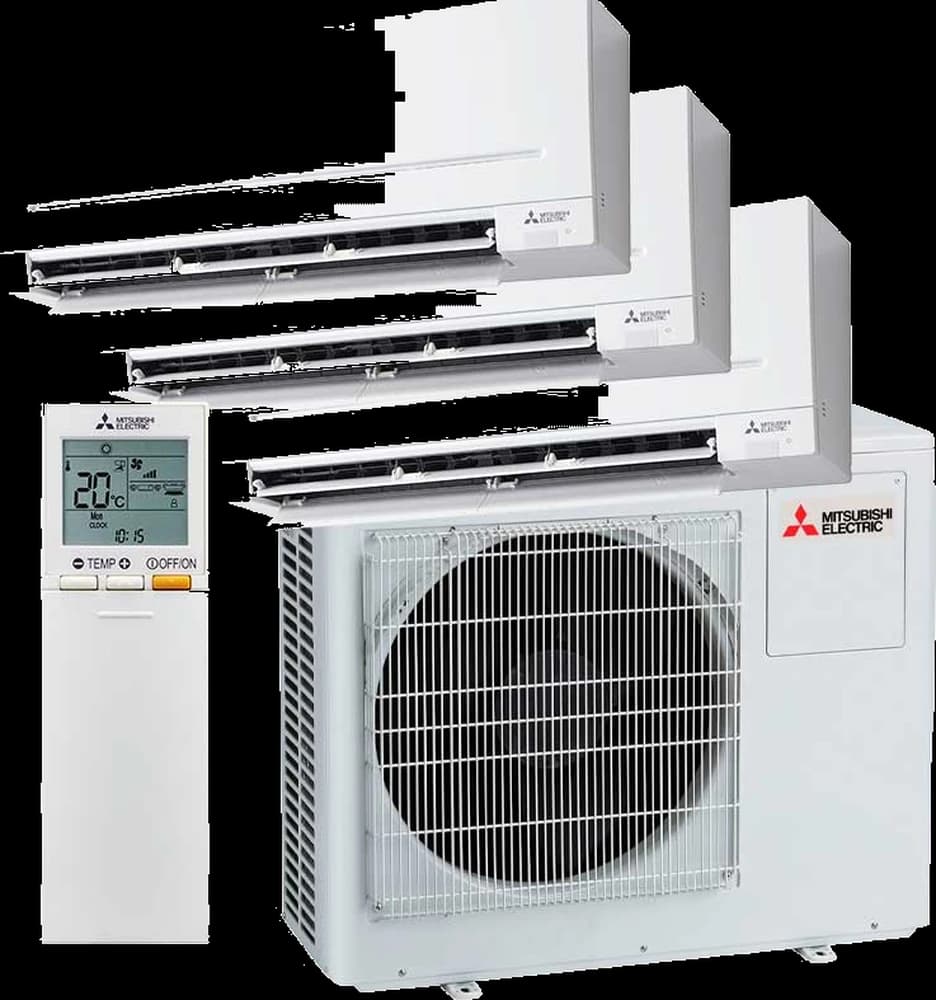 Mitsubishi Electric MXZ-F -multisplit: kolme seinämallin sisäyksikköä, ulkoyksikkö ja kaukosäädin